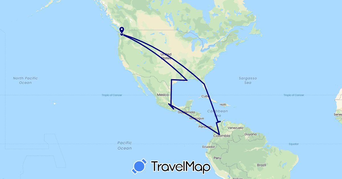 TravelMap itinerary: driving in Colombia, Mexico, United States (North America, South America)
