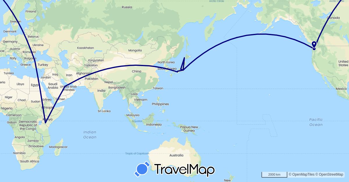 TravelMap itinerary: driving in Japan, Kenya, Qatar, Turkey, United States (Africa, Asia, North America)