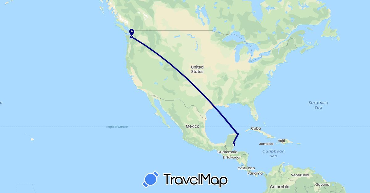 TravelMap itinerary: driving in Belize, Mexico, United States (North America)